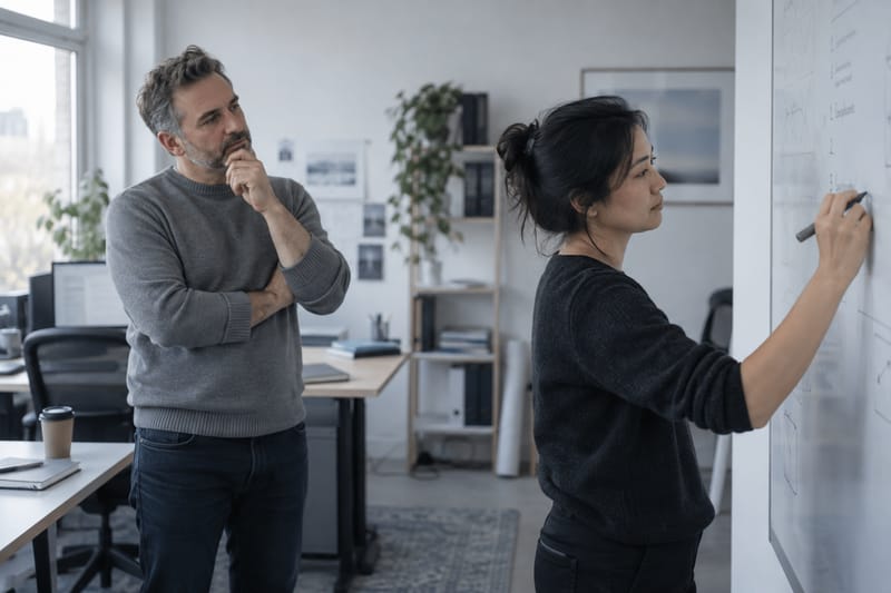 Two colleagues at a whiteboard, one writing a ranked list while the other thinks it over