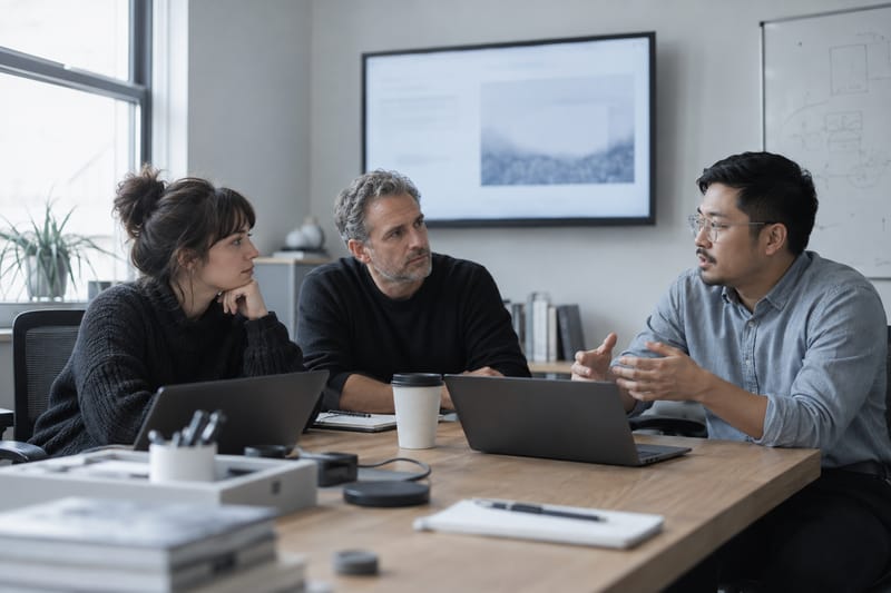 Three colleagues talking through a chart on a wall-mounted screen