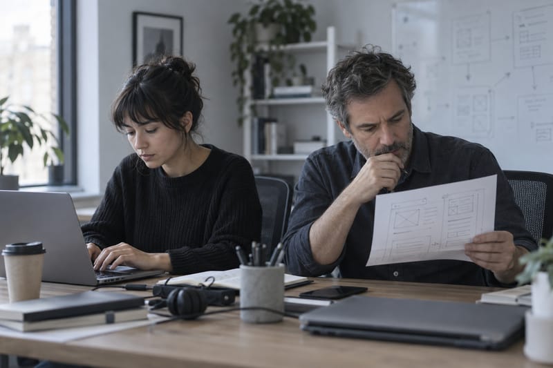 Two engineers at a desk, one typing while the other reads a printed interface sketch