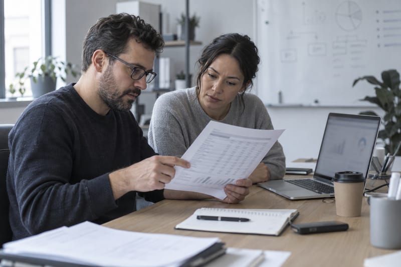 Two colleagues checking a printed report against the figures on a laptop